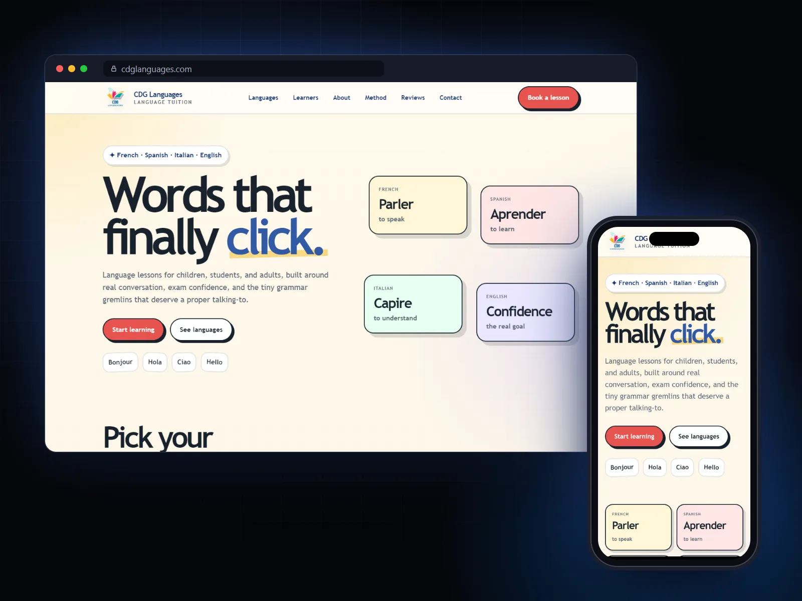 CDG Languages website on desktop and phone